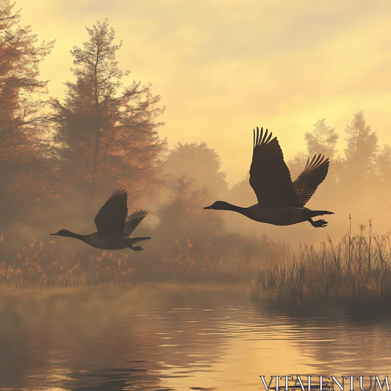 Birds Flying Over Lake at Dawn AI Image