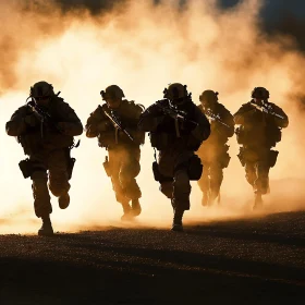 Military Squad Advancing Through Dust