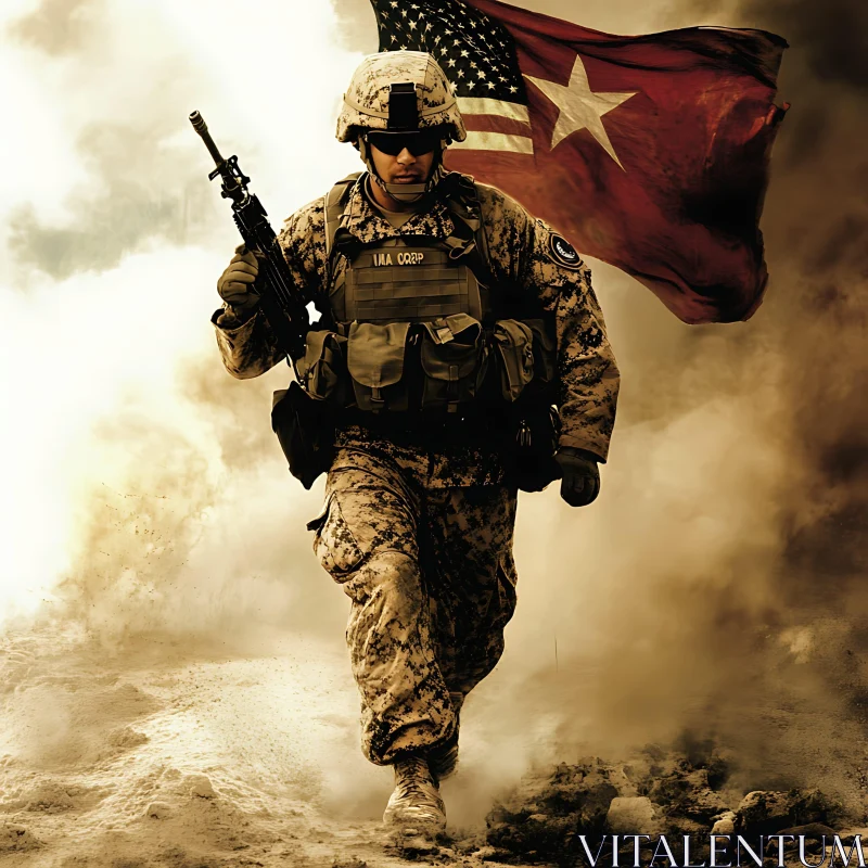 Soldier with Rifle and American Flag AI Image