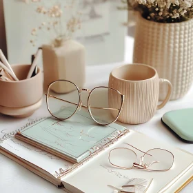 Beige Still Life with Glasses and Notebooks