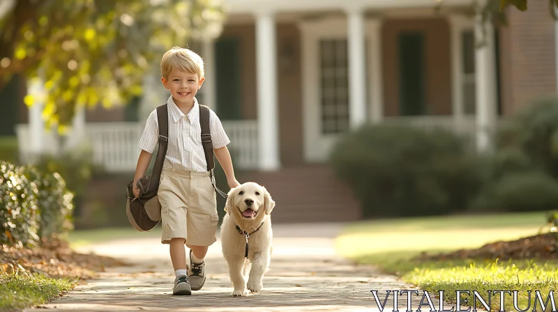 Child's Joyful Walk with Golden Retriever AI Image