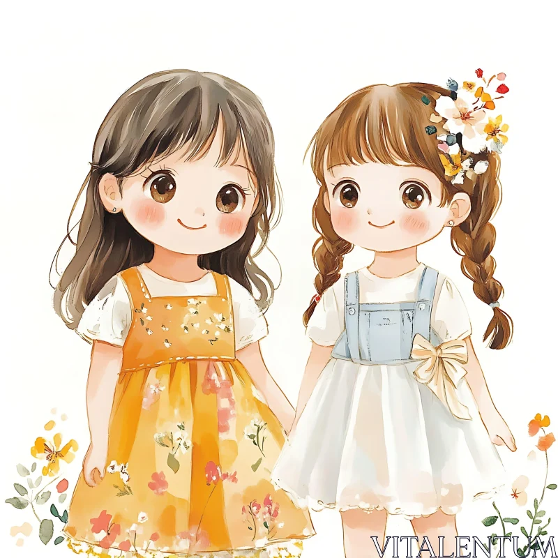 AI ART Two Little Girls in Watercolor Style