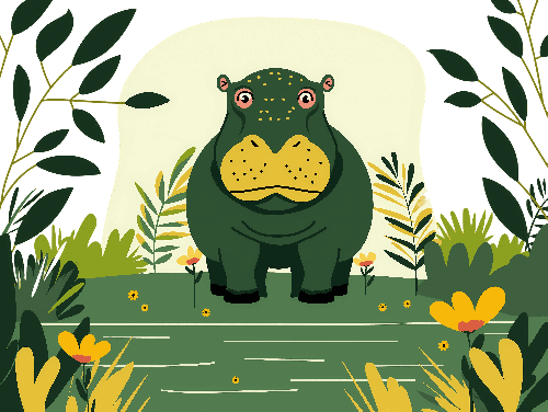 POD Design Cartoon Hippopotamus in Lush Forest - Whimsical Children's Art