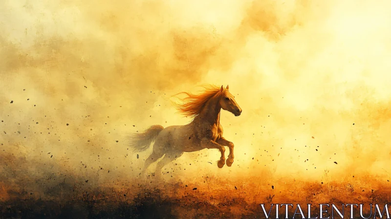 Horse Running in Sunlit Dust AI Image