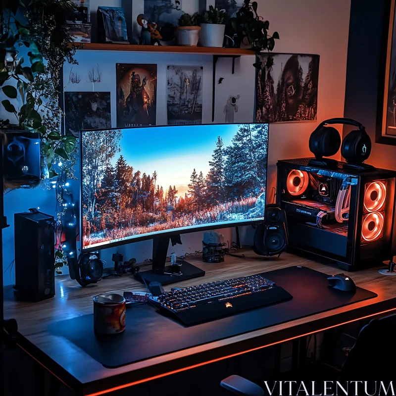 Stylish Gaming Desk with RGB Accessories and Curved Screen AI Image