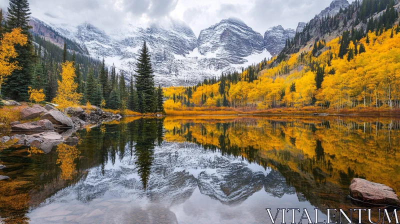 Majestic Autumn Scene with Reflective Lake and Mountains AI Image