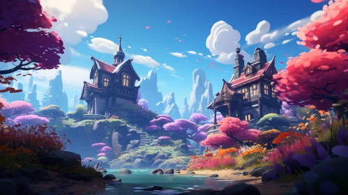 Enchanting Fantasy Scene with Houses and Trees | Neo-Traditional Style