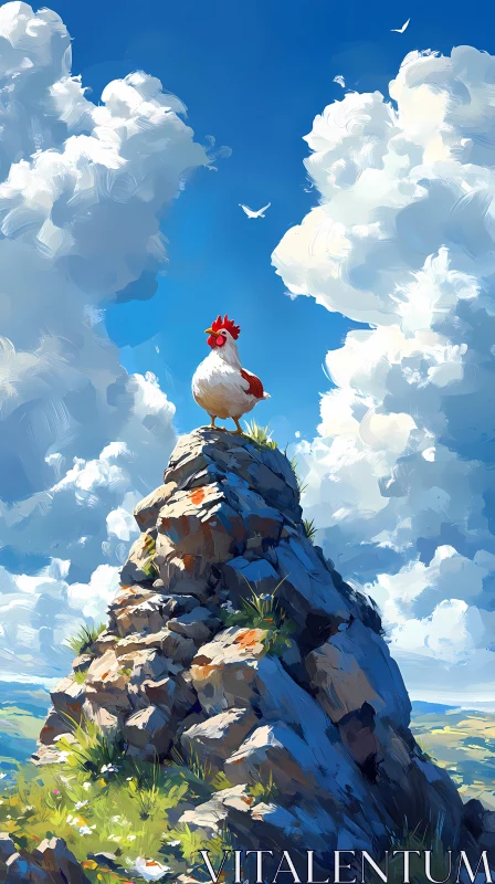 AI ART Rooster on Mountain Peak with Clouds