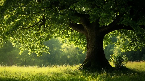 Sunlit Tree in Grassy Field