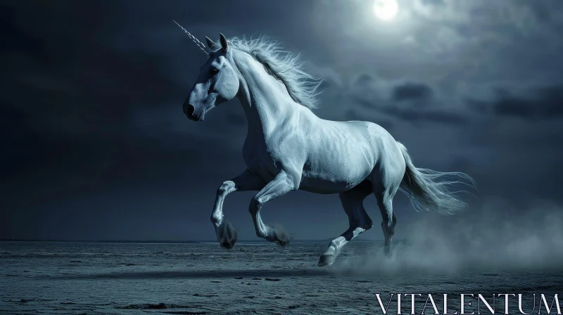 Majestic White Unicorn Galloping in Moonlit Field AI Image