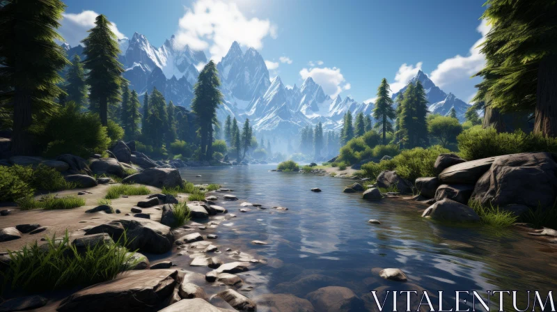 Mountain Landscape with River - Unreal Engine Style AI Image