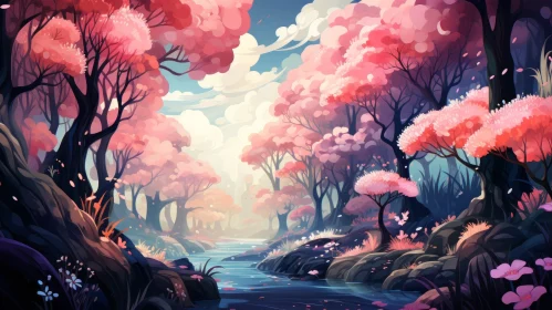 Pink Forest with River and Flowers - Vibrant Illustrations