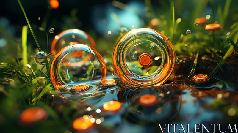 Sci-Fi Inspired Glass Bubbles on Grass: A Surreal Blend of Nature and Industry AI Image