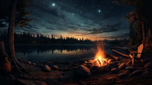 Serene Campfire by Lake under Starry Sky