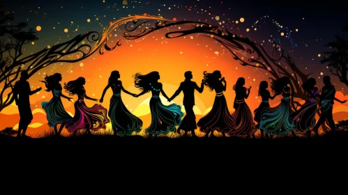 Sunset Dance - Indian-Style Silhouettes in Vibrant Colors