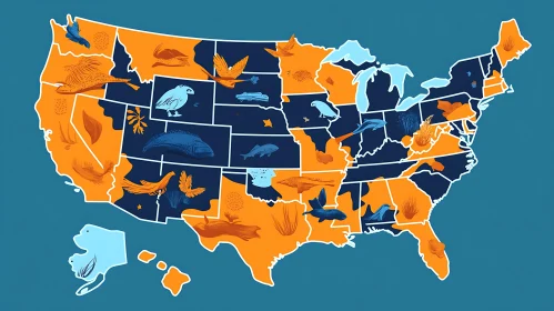 United States Map Featuring State-Specific Animals
