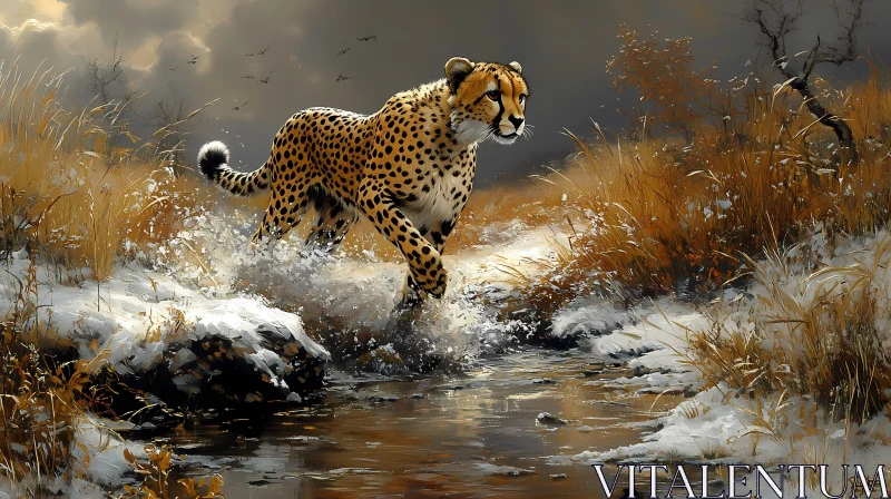 Cheetah in Snowy Savannah Landscape AI Image