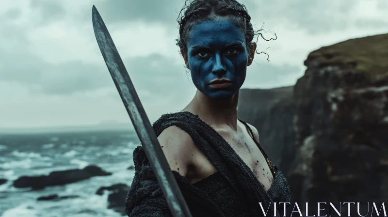 Strong Woman Warrior with Blue Face AI Image