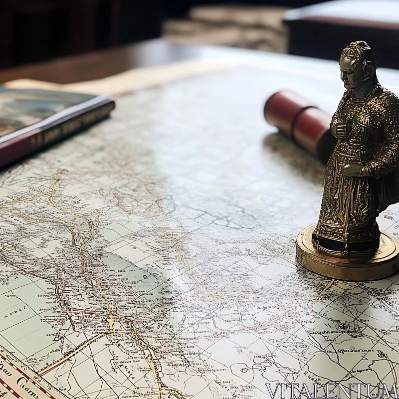 Antique Map and Bronze Figure AI Image