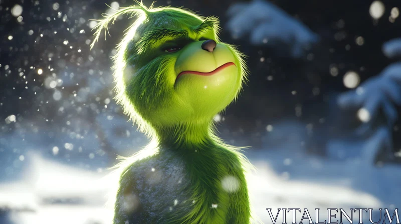 Green Character in Snowy Scene AI Image