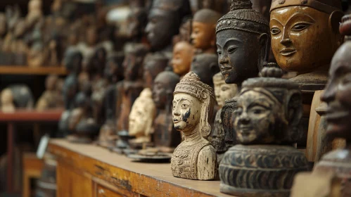 Wooden Buddha Statues on Display