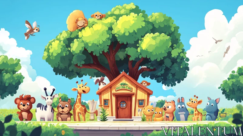 Whimsical Treehouse and Cute Animal Illustration AI Image