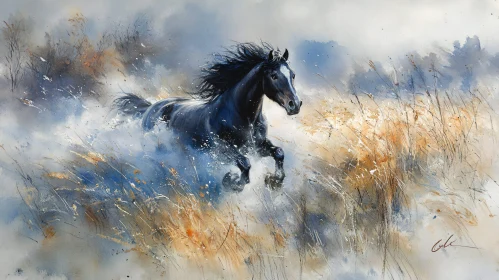 Galloping Horse in Misty Landscape