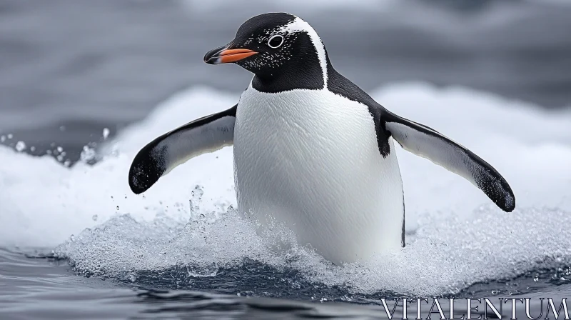 Penguin in Motion Over Ocean AI Image