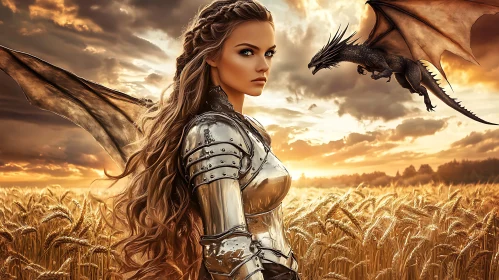 Female Warrior with Dragon in Field