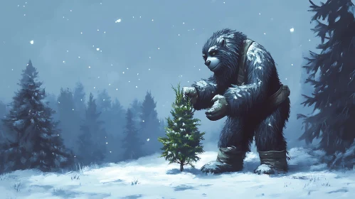 Snowy Forest Yeti with Christmas Tree