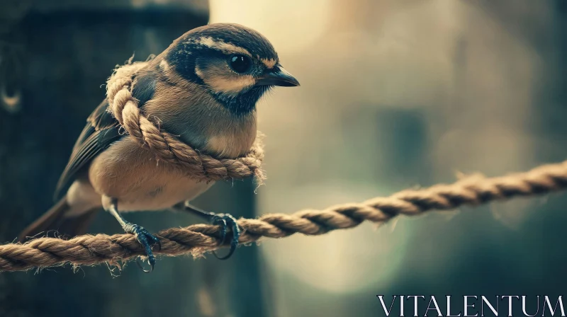 Small Bird Portrait on Rustic Rope AI Image