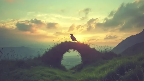 Sunset Bird Perch on Grassy Arch