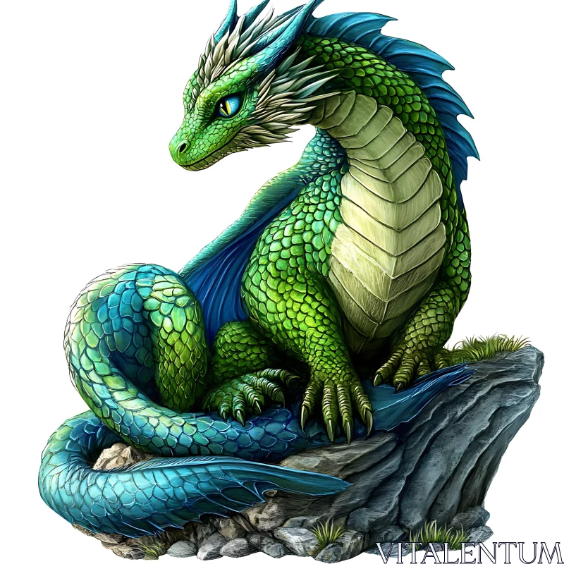 AI ART Emerald Dragon on Rocky Perch