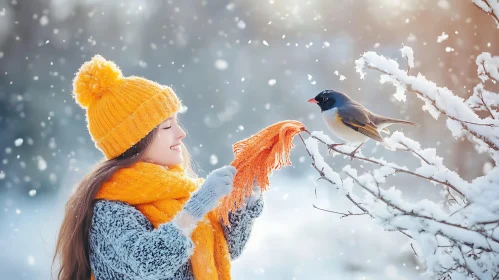 Girl and Bird in Winter