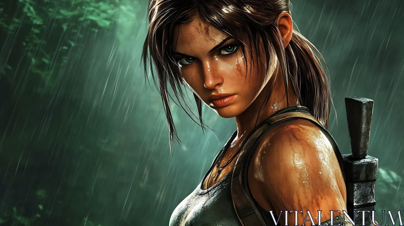 Determined Female Character in the Rain AI Image