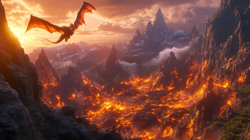 Dragon over Volcanic Peaks at Sunset