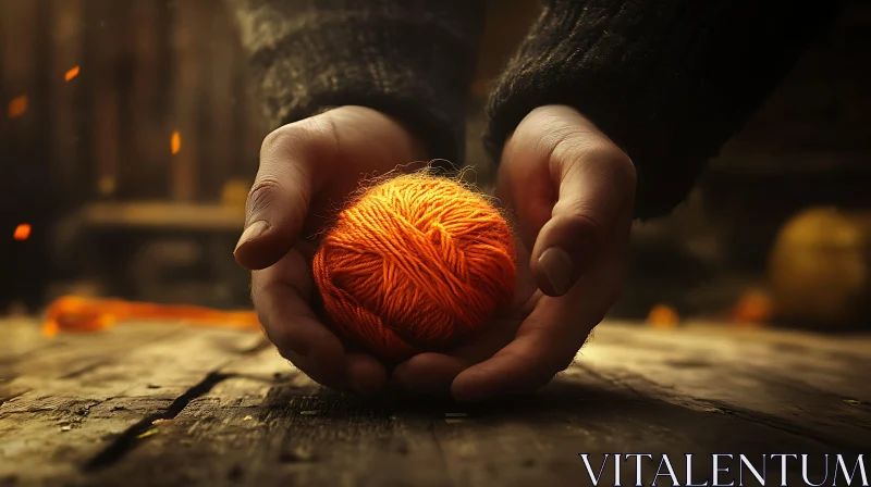 AI ART Yarn Ball in Hands on Wood