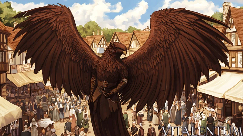 Fantasy Eagle Character in Town Square AI Image