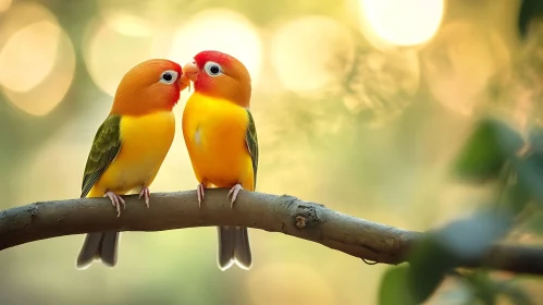 Pair of Lovebirds on Tree Branch