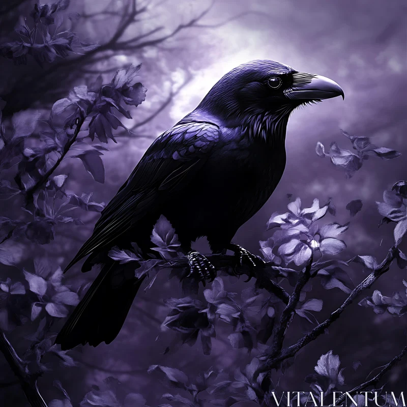 Raven Perched Among Flowers AI Image