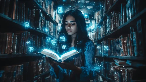 Woman Reading Magical Book in Library