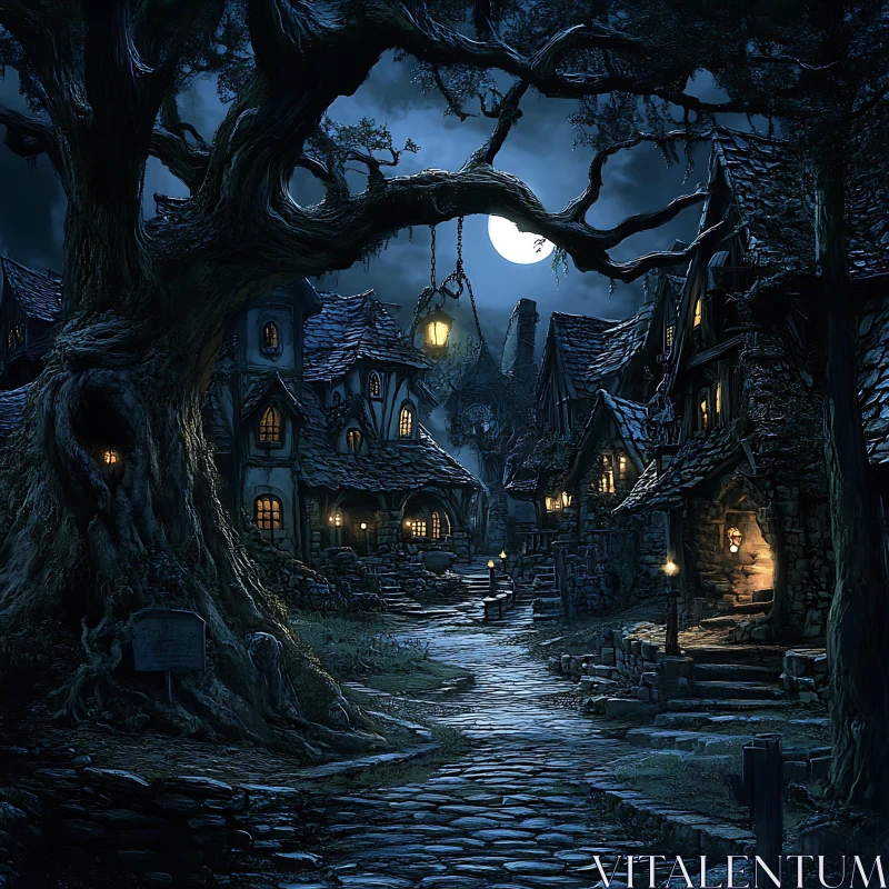 Nighttime Village Scene under Moonlight AI Image