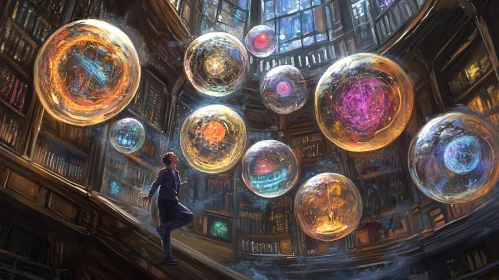 Mystical Library with Glowing Orbs