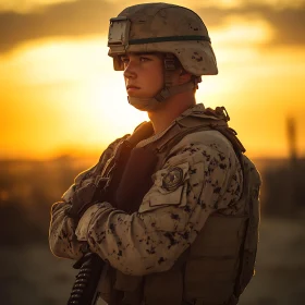 Sunset Silhouette: A Soldier's Vigil