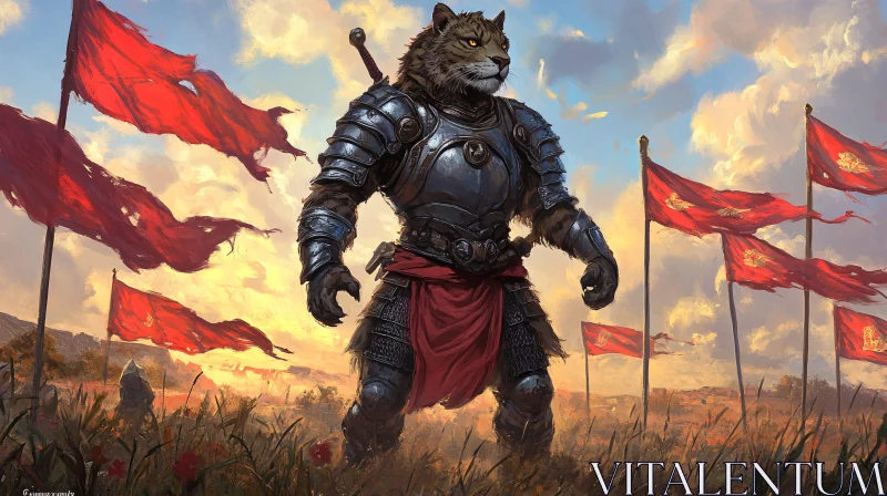 Armored Tiger Warrior Amidst Red Banners AI Image