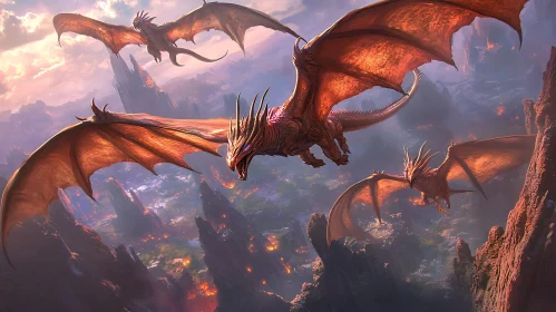 Dragons in Flight Over Jagged Peaks