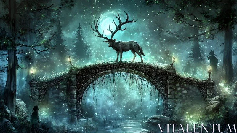 AI ART Mystical Deer on Ancient Bridge