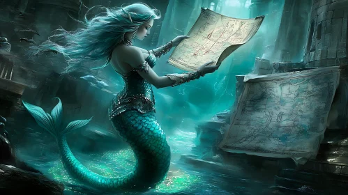 Underwater Mermaid Navigating by Map