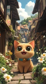 Cute Cat Amidst Flowers and Village Charm