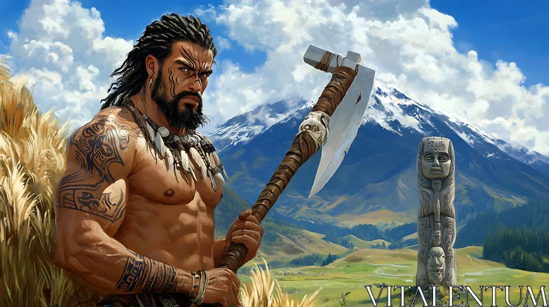 AI ART Tattooed Warrior with Axe Near Mountains